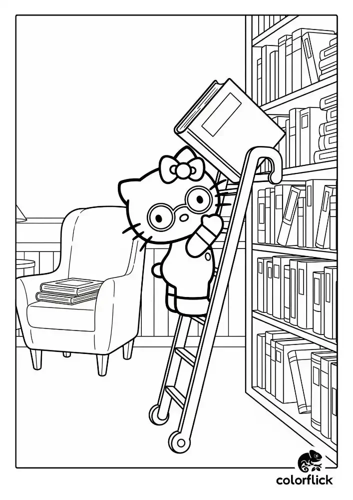 A black and white coloring page of a studious Hello Kitty with glasses, standing on a library ladder to put a book back on a tall bookshelf.