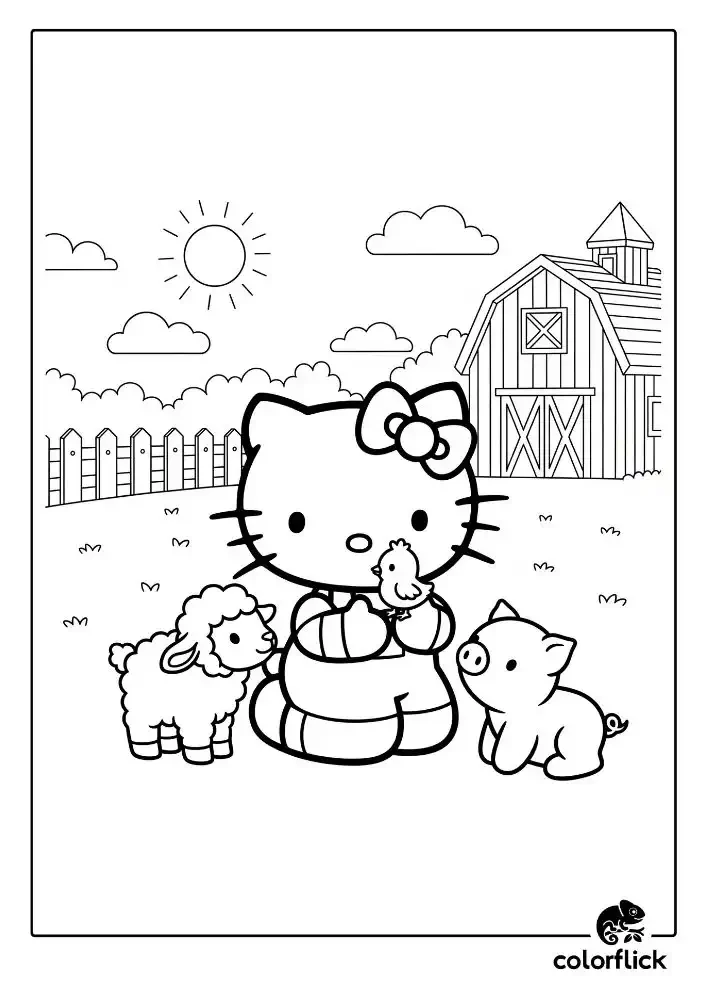 A black and white coloring page of Hello Kitty on a farm, sitting with a lamb and a piglet while gently holding a small chick in her hands, with a barn in the background.