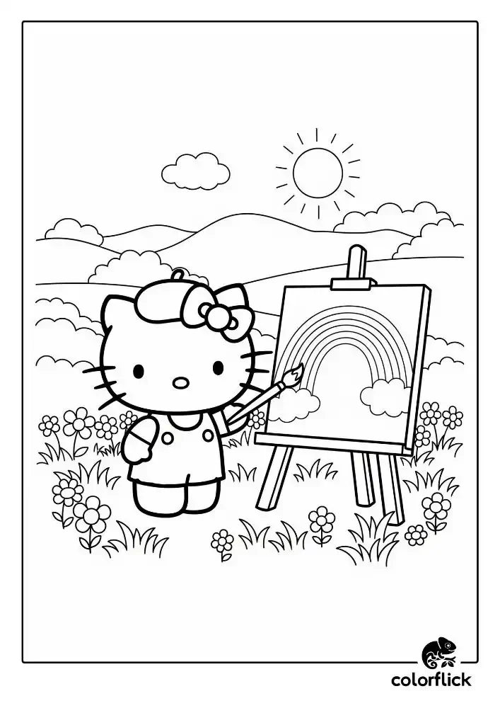 Coloring page sketch of Hello Kitty wearing a beret, painting a beautiful rainbow on an easel in a field of flowers.