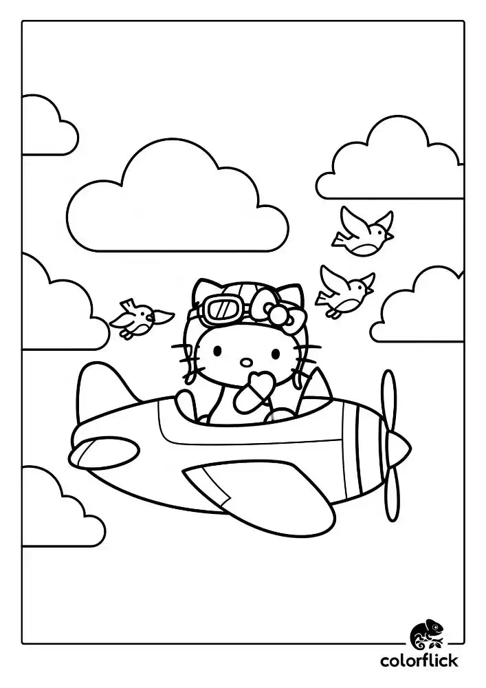 Coloring page sketch of the adventurous Hello Kitty flying her own small airplane through the clouds with birds