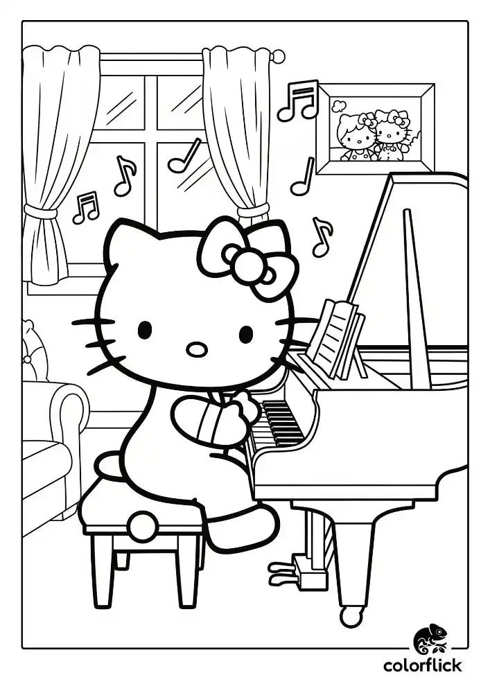 Coloring page sketch of Hello Kitty happily playing a song on a small grand piano in her living room.