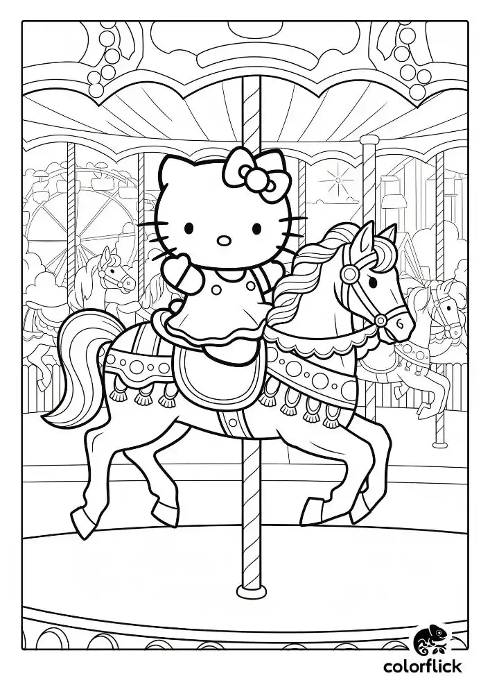 A black and white coloring page of a happy Hello Kitty waving while riding a beautifully decorated horse on a carousel at an amusement park.