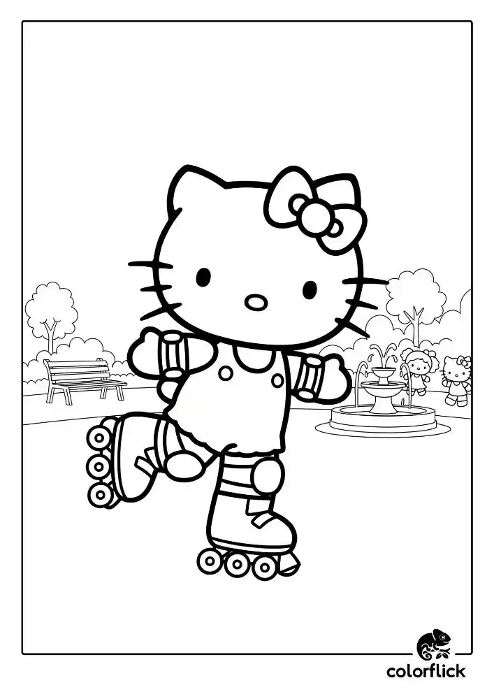 A black and white coloring page of Hello Kitty roller skating in a park, wearing safety pads and gliding past a bench and a fountain.