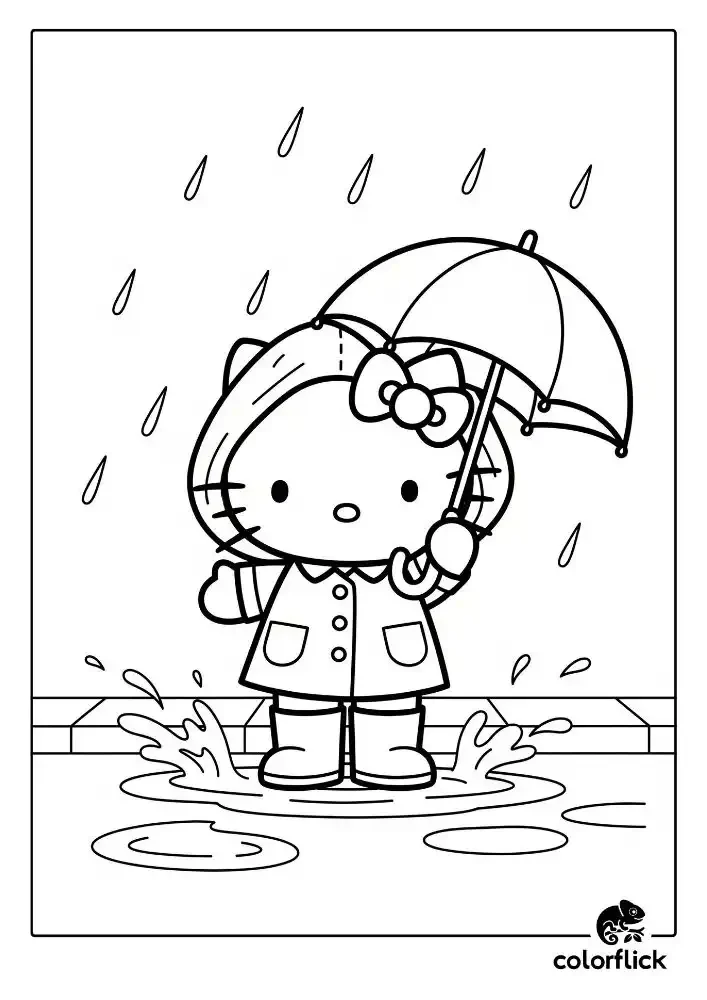 A black and white coloring page of Hello Kitty enjoying a rainy day, wearing a raincoat and boots, holding an umbrella, and splashing in a puddle.