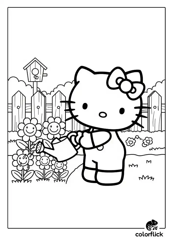 A black and white coloring page of Hello Kitty in her garden, using a watering can to water a patch of smiling flowers in front of a picket fence.