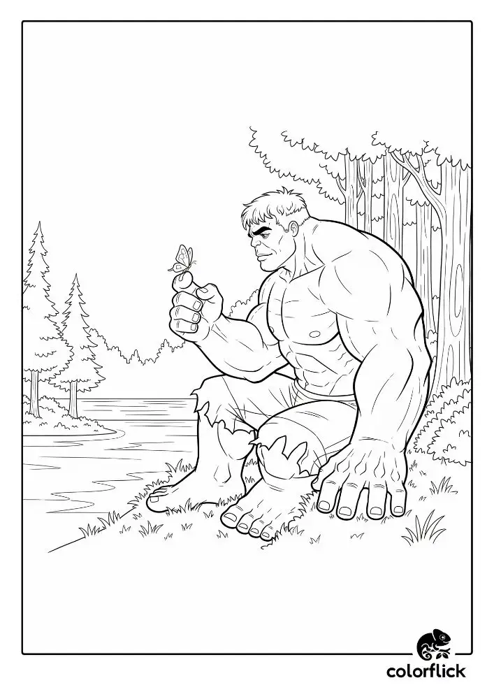 Coloring page sketch of The Hulk sitting peacefully by a lake, looking at a small butterfly that has landed on his finger