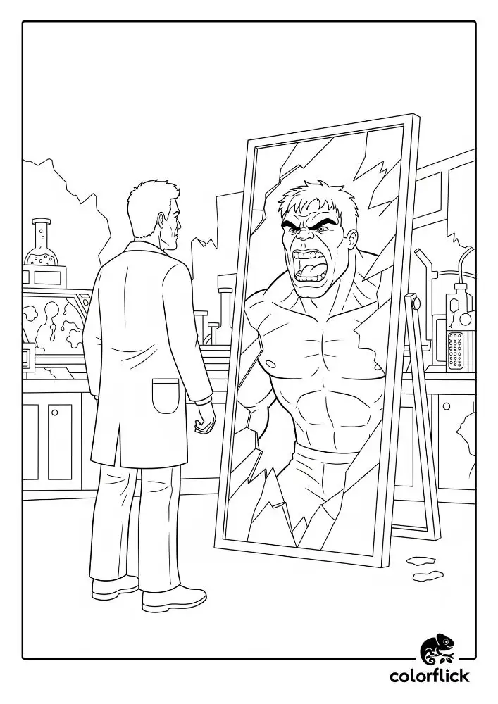 Coloring page sketch of the scientist Bruce Banner looking at his reflection in a broken mirror, which shows the face of The Incredible Hulk.