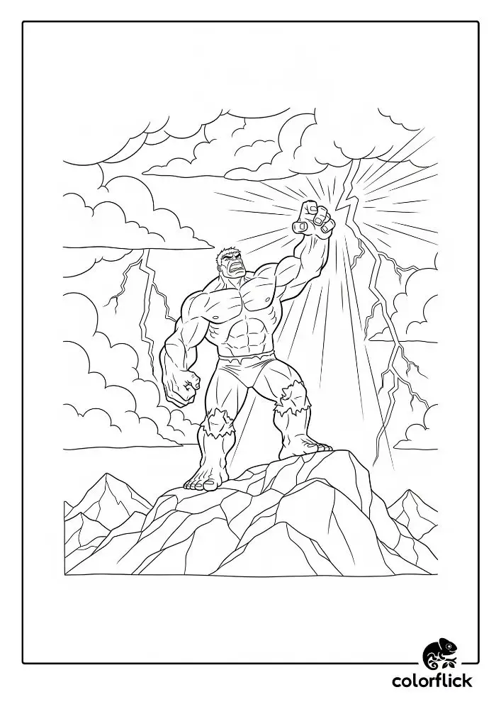 Coloring page sketch of The Hulk standing on a mountain peak during a thunderstorm, with lightning striking nearby.