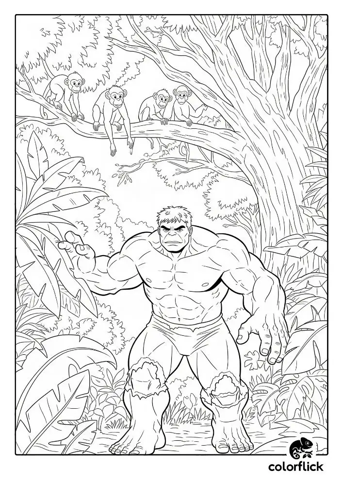 Coloring page sketch of The Hulk walking through a dense jungle with curious monkeys watching from the trees