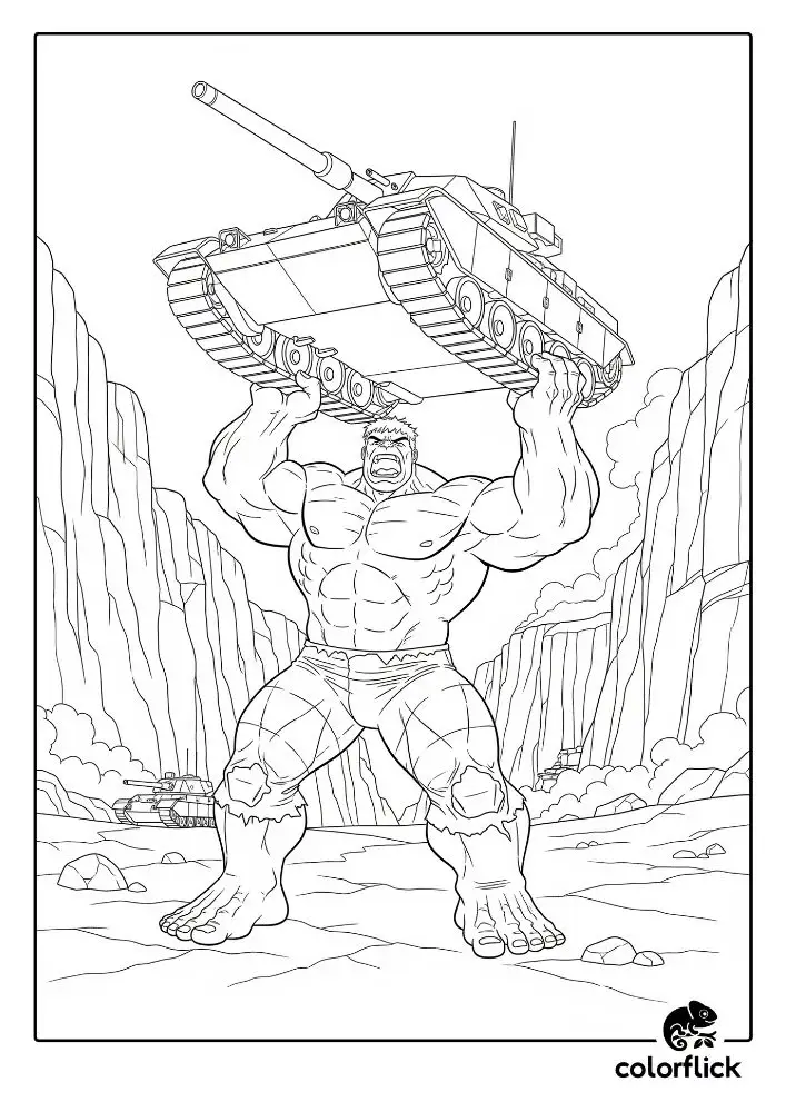 Coloring page sketch of The Hulk roaring as he effortlessly lifts a military tank above his head in a desert canyon