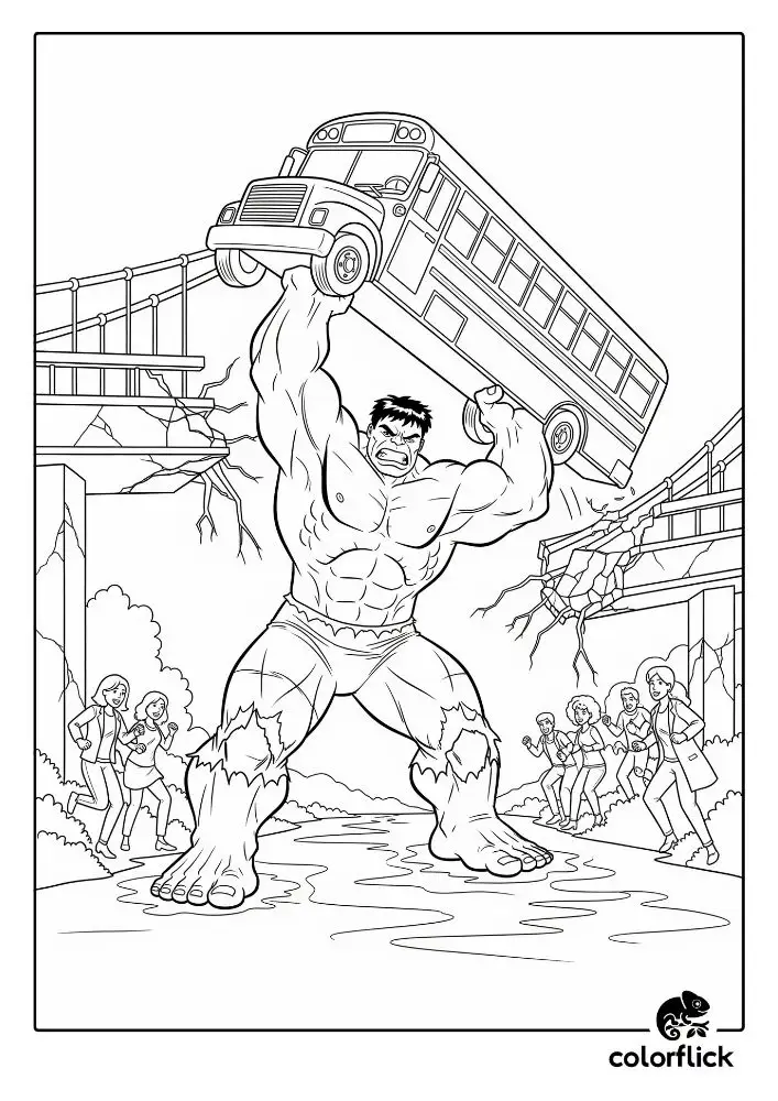 Coloring page sketch of The Hulk using his super-strength to lift a falling school bus, saving the people running away.