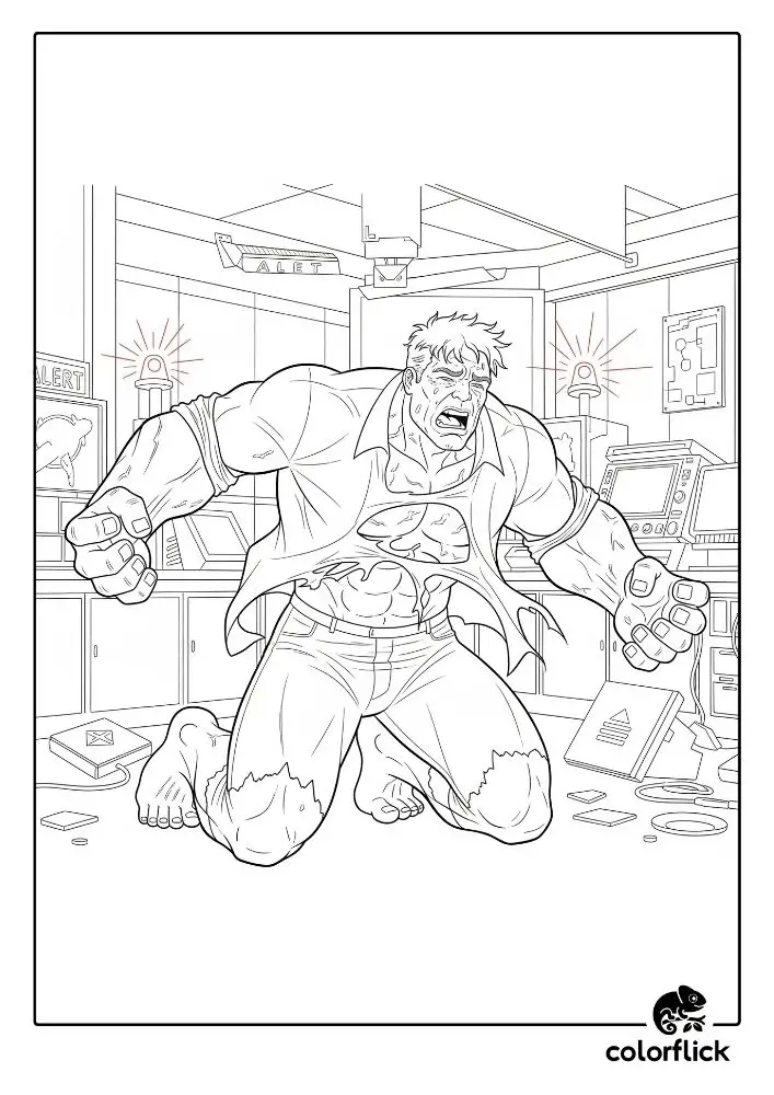 Coloring page sketch of Dr. Bruce Banner in agony as he transforms into The Hulk, with his clothes ripping apart in a lab