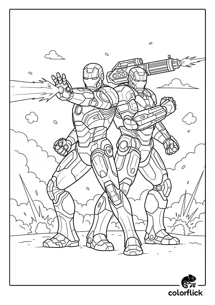 Coloring page sketch of Iron Man and his armored ally, War Machine, fighting back-to-back