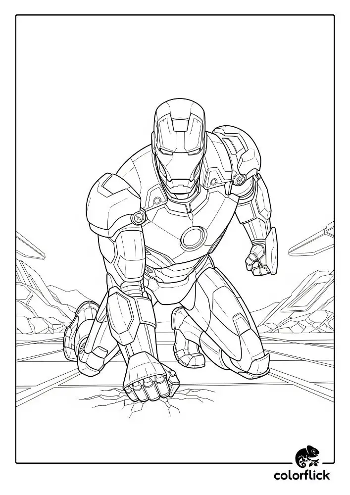 Coloring page sketch of Iron Man in his iconic 'superhero landing' pose, cracking the ground beneath his fist.