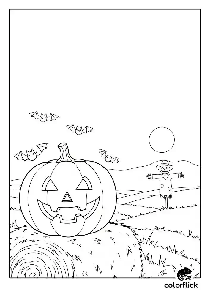A black and white coloring page of a smiling jack-o'-lantern sitting on a hay bale at night, with bats, a scarecrow, and a full moon in the background.