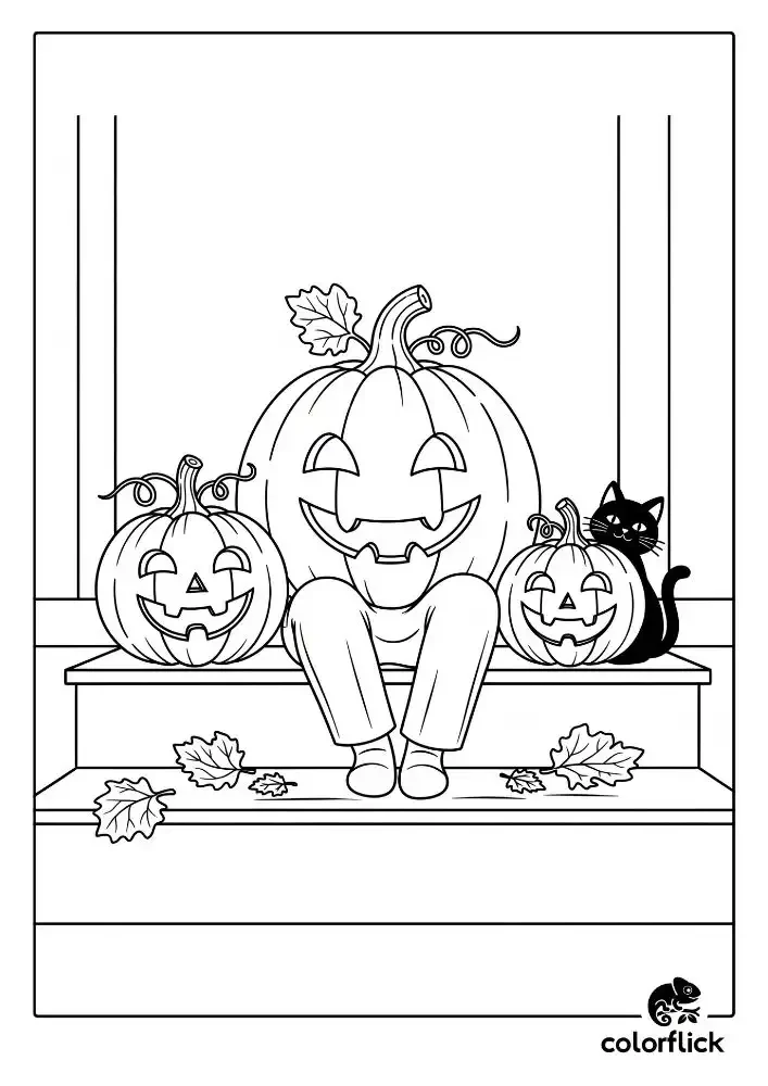 A black and white coloring page of a cute jack-o'-lantern family sitting on a porch step, with a black cat peeking from behind them.