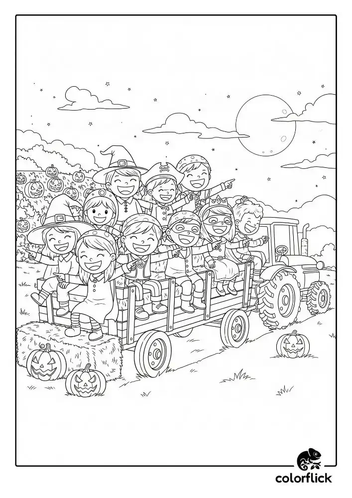 A black and white coloring page of a group of happy children in Halloween costumes enjoying a nighttime hayride through a pumpkin patch under a full moon.