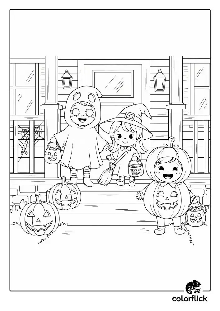 A black and white coloring page of three happy children in Halloween costumes—a ghost, a witch, and a pumpkin—trick-or-treating on a decorated porch.