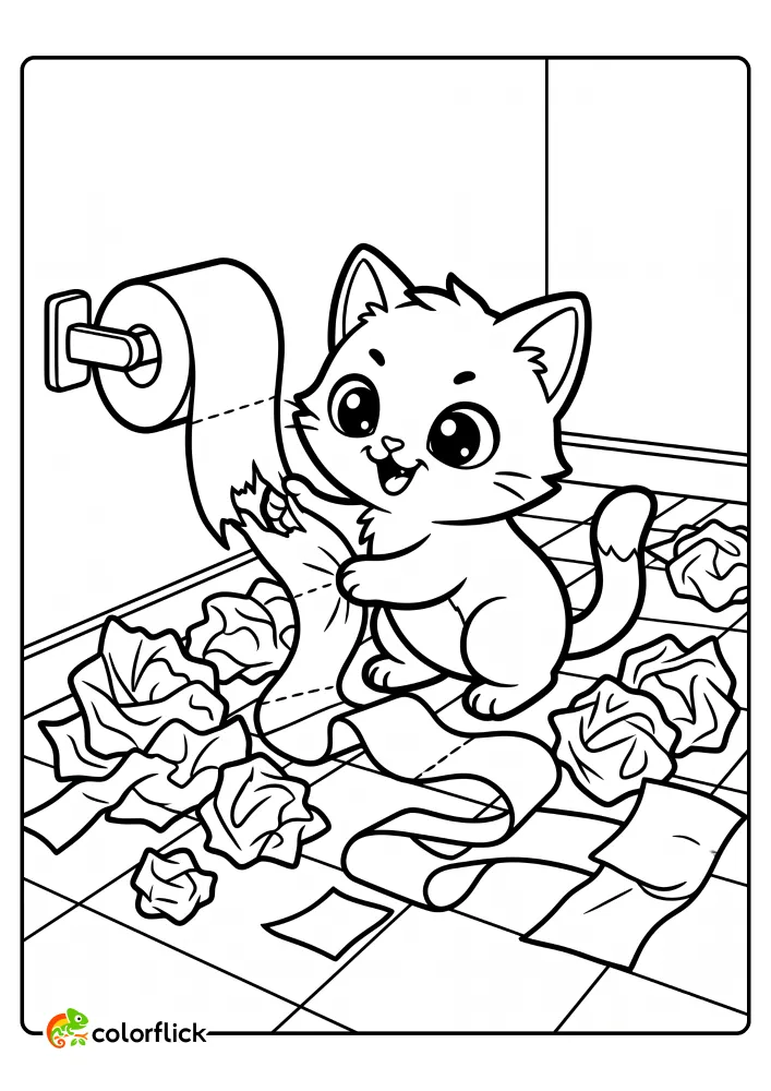 A mischievous kitten happily unrolling a roll of toilet paper in a bathroom, leaving piles of crumpled paper everywhere. This printable coloring page for kids features the cute kitty making a fun mess.