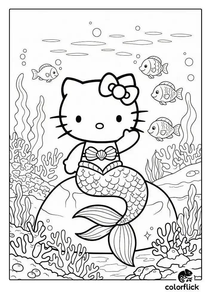 A black and white coloring page of Mermaid Hello Kitty with a sparkling tail, sitting on a rock in an underwater world, waving at friendly fish.
