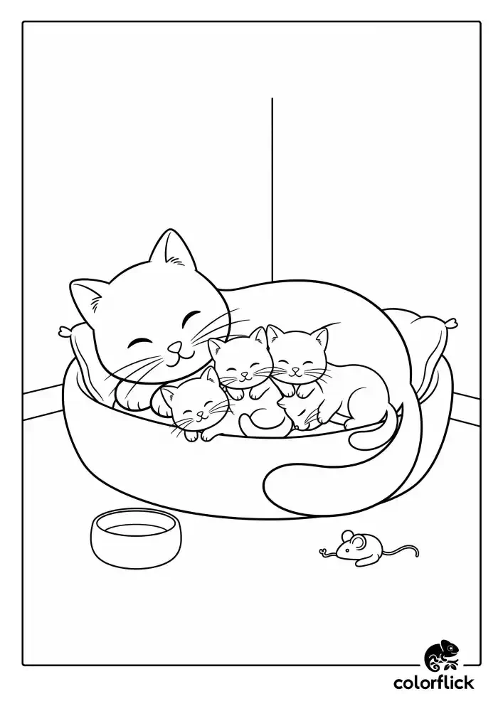 Coloring page sketch of a gentle mother cat sleeping peacefully in her bed, surrounded by her three adorable, sleeping kittens