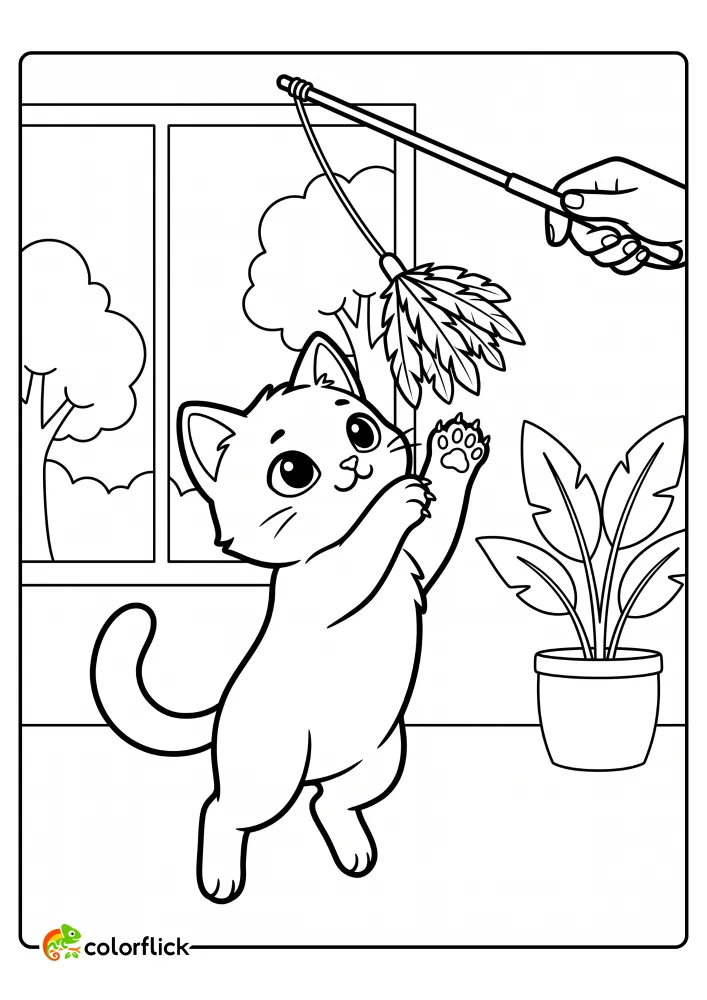A printable coloring page for kids showing a playful cartoon cat standing on its hind legs and swatting at a feather wand toy near a window.