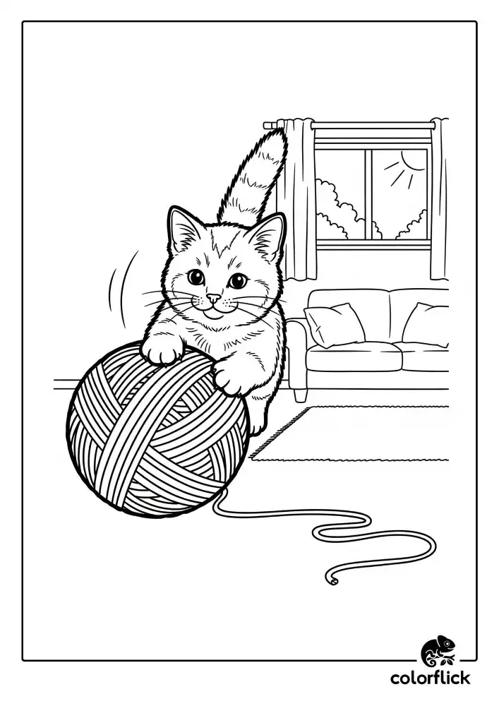 Coloring page sketch of a playful and fluffy kitten pouncing on a large ball of yarn in a cozy living room