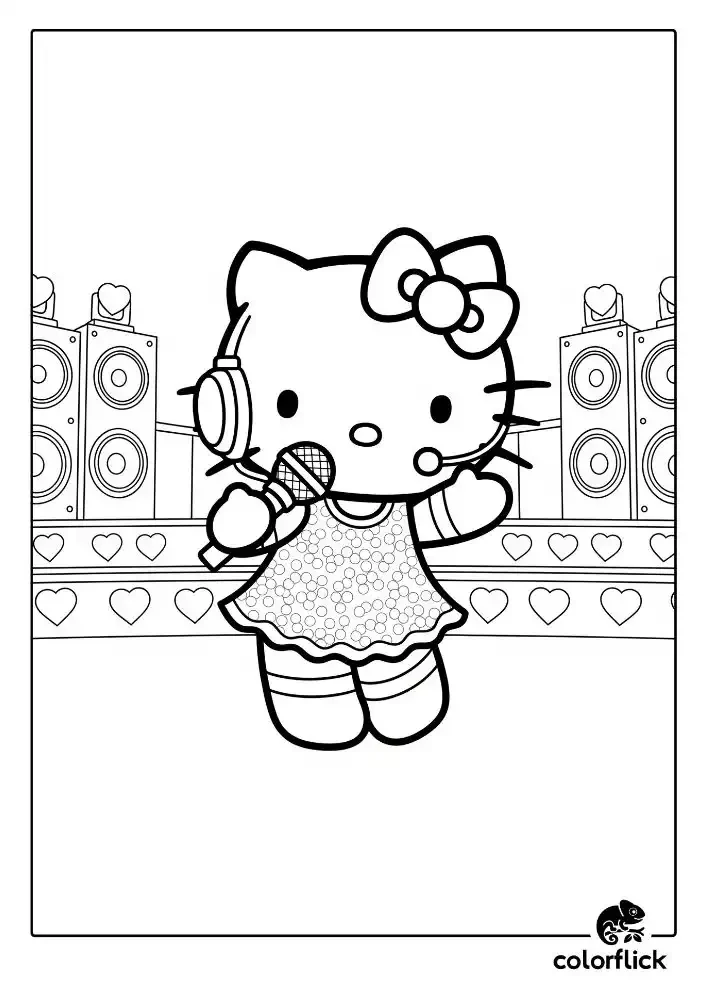 A black and white coloring page of Pop Star Hello Kitty singing on stage, wearing a sparkly dress and headset, with large speakers and spotlights in the background.