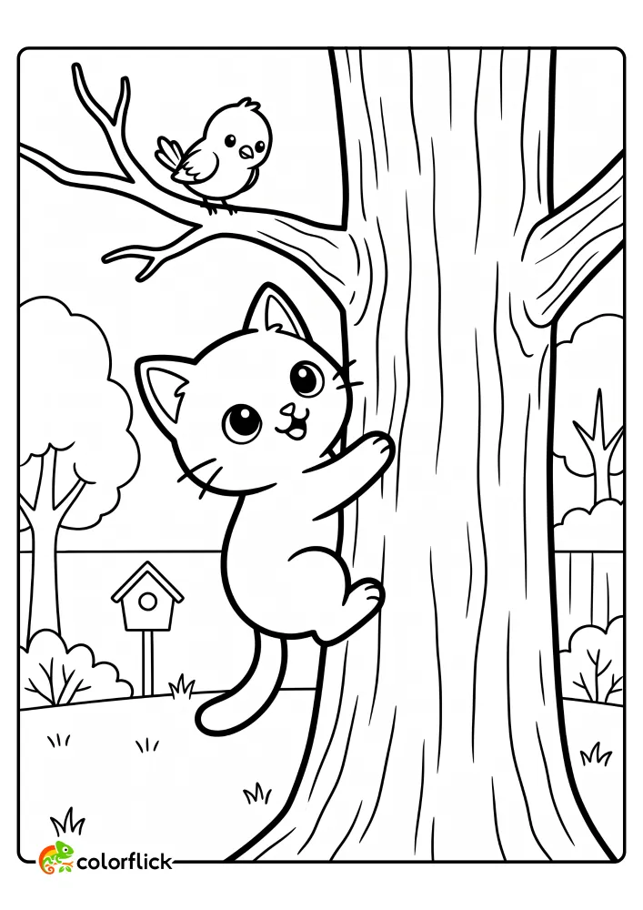A printable coloring page for kids featuring a cute cat climbing a large tree trunk while a small bird watches from a branch above.