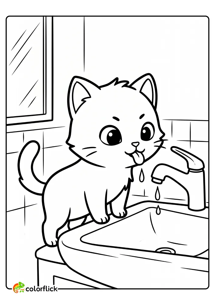 A printable coloring page for kids of a funny cartoon cat with its tongue sticking out, standing on a bathroom sink counter and drinking from a dripping faucet.