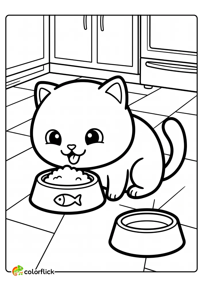 A happy cat eating from a fish-symbol bowl on a kitchen floor printable coloring page for kids.