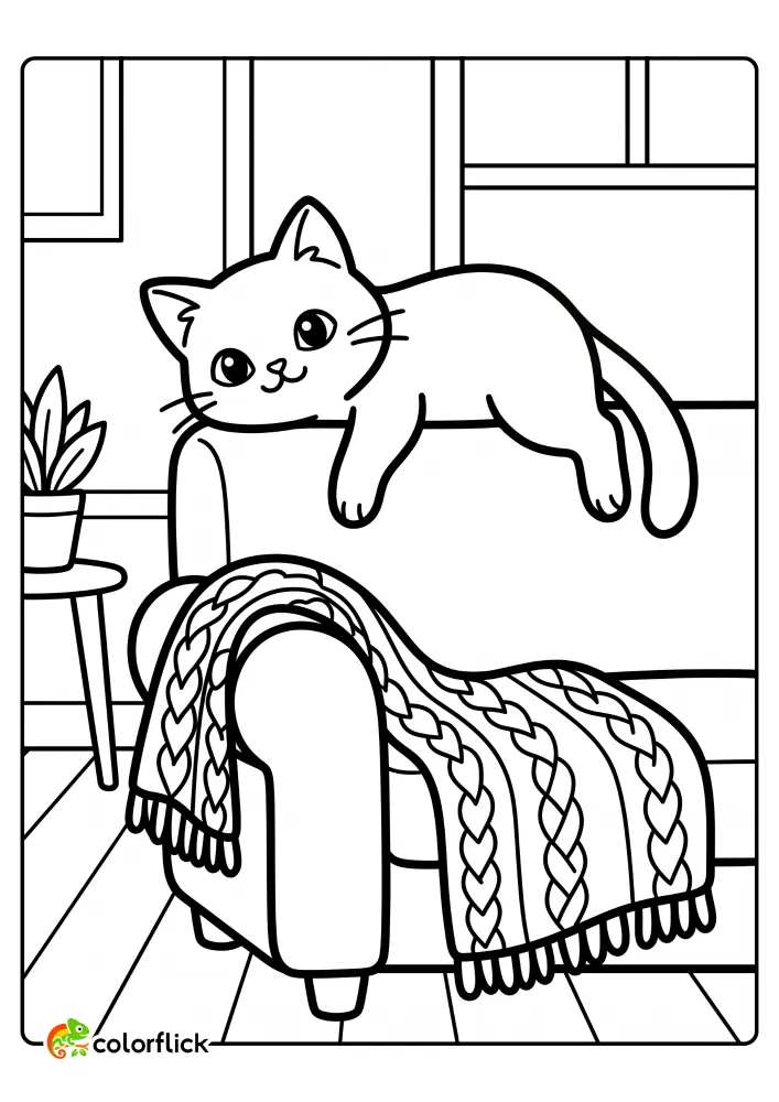 A happy relaxed cat lounging on top of an armchair with a cozy knitted blanket, a printable coloring page for kids.