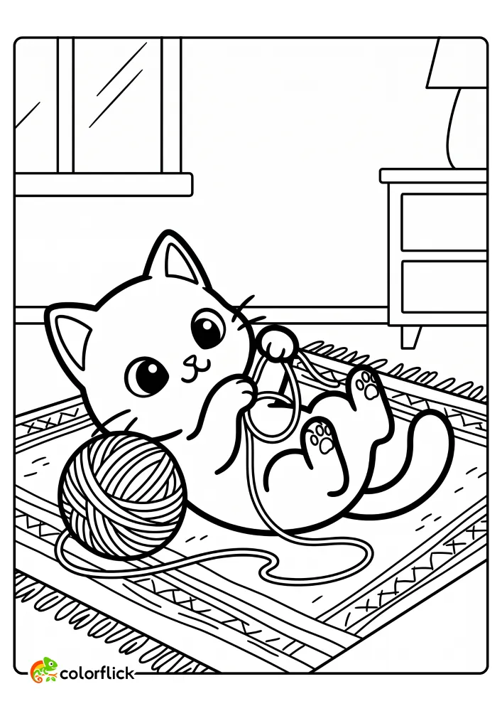 A playful cat rolling on its back on a patterned rug and batting at a large ball of yarn, forming an easy printable coloring page for kids.