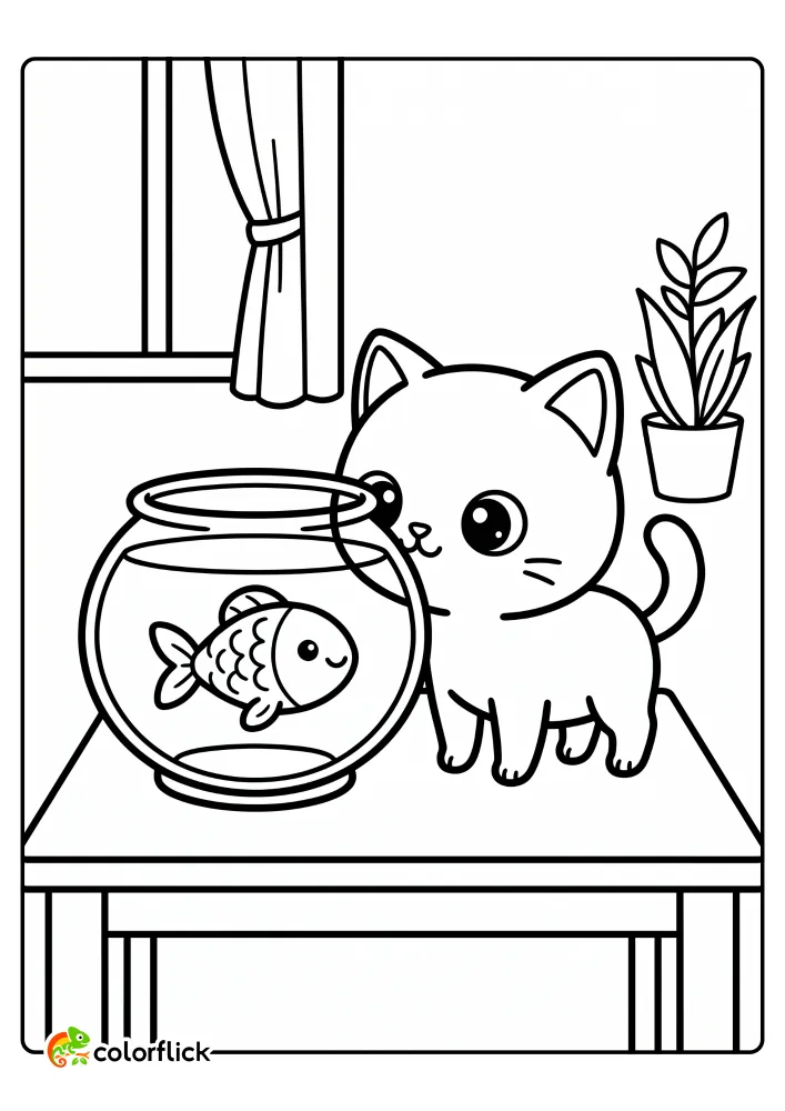 A cute, simple line art of a cat peering into a round fishbowl on a table to see a goldfish, ideal printable coloring page for kids.