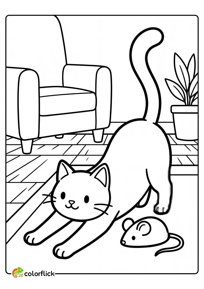 A happy cat stretching with its tail high in the air next to a toy mouse on a rug, a printable coloring page for kids.