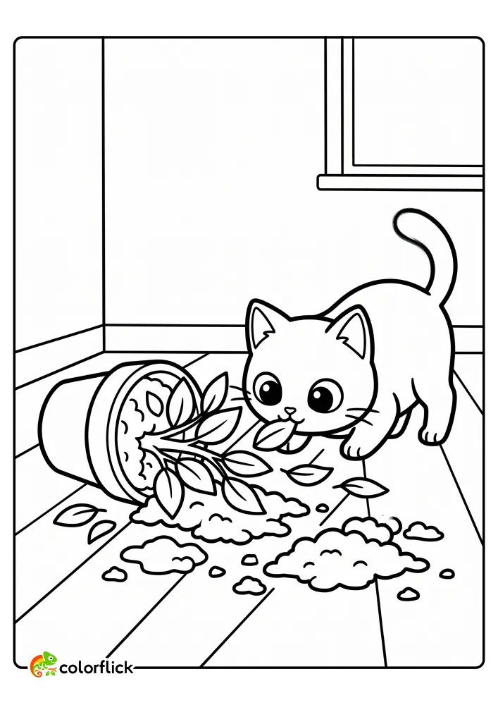 A mischievous cartoon kitten investigating a spilled potted plant and scattered soil on the floor, an easy printable coloring page for kids.