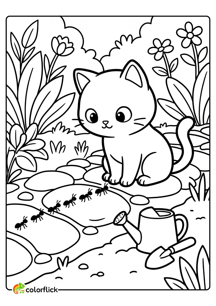 A curious cat sitting on a garden path watching a line of marching ants near a watering can, printable coloring page for kids.