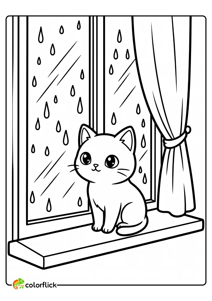 A simple printable coloring page for kids of a cute cat sitting on a window sill and watching raindrops fall on the glass panes.