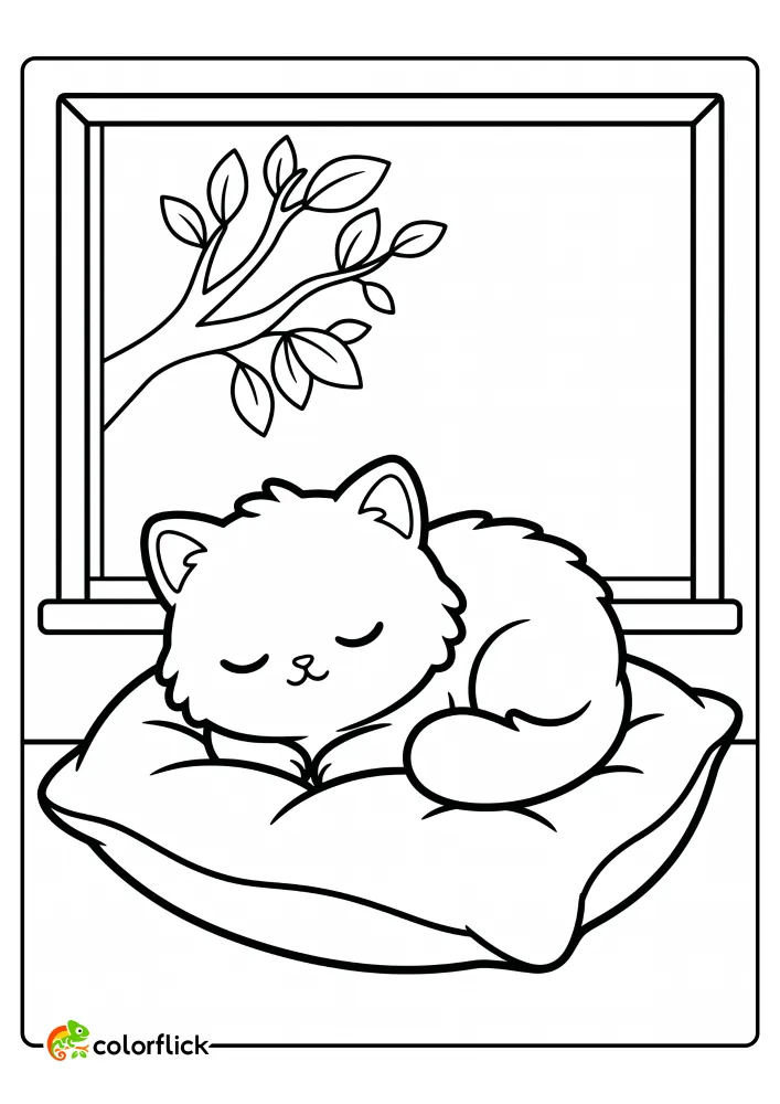 A printable coloring page for kids showing a cozy, fluffy cat curled up soundly sleeping on a soft pillow next to a window with a leafy tree branch outside.
