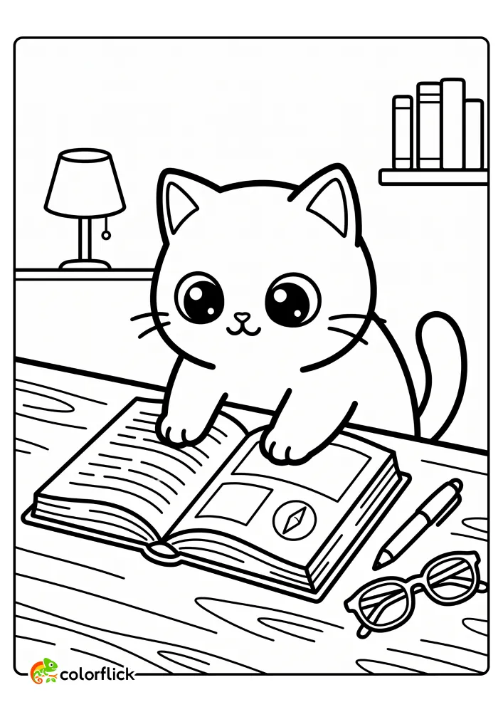 A cute wide-eyed cat reading an open book at a wooden desk with glasses, pen, and a lamp nearby printable coloring page for kids.
