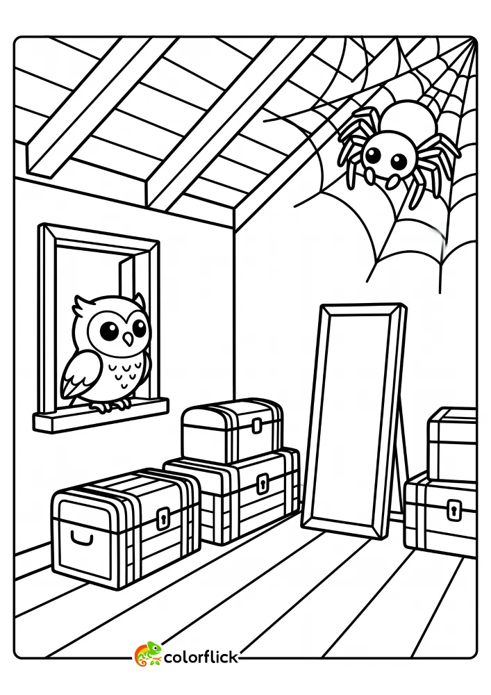 A printable coloring page for kids of an old attic room with a friendly owl on a window sill and a smiling spider spinning a large web in the corner. Stacked wooden trunks and a tall floor mirror are present.