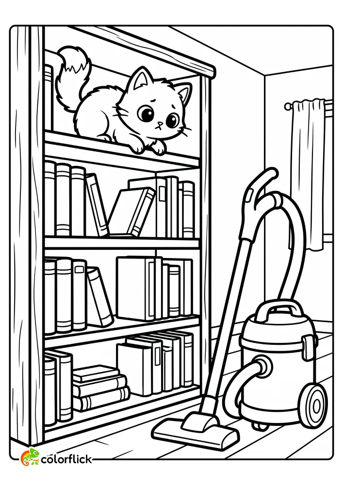 A printable coloring page for kids showing a scared cat hiding high on a bookshelf looking down at a vacuum cleaner.
