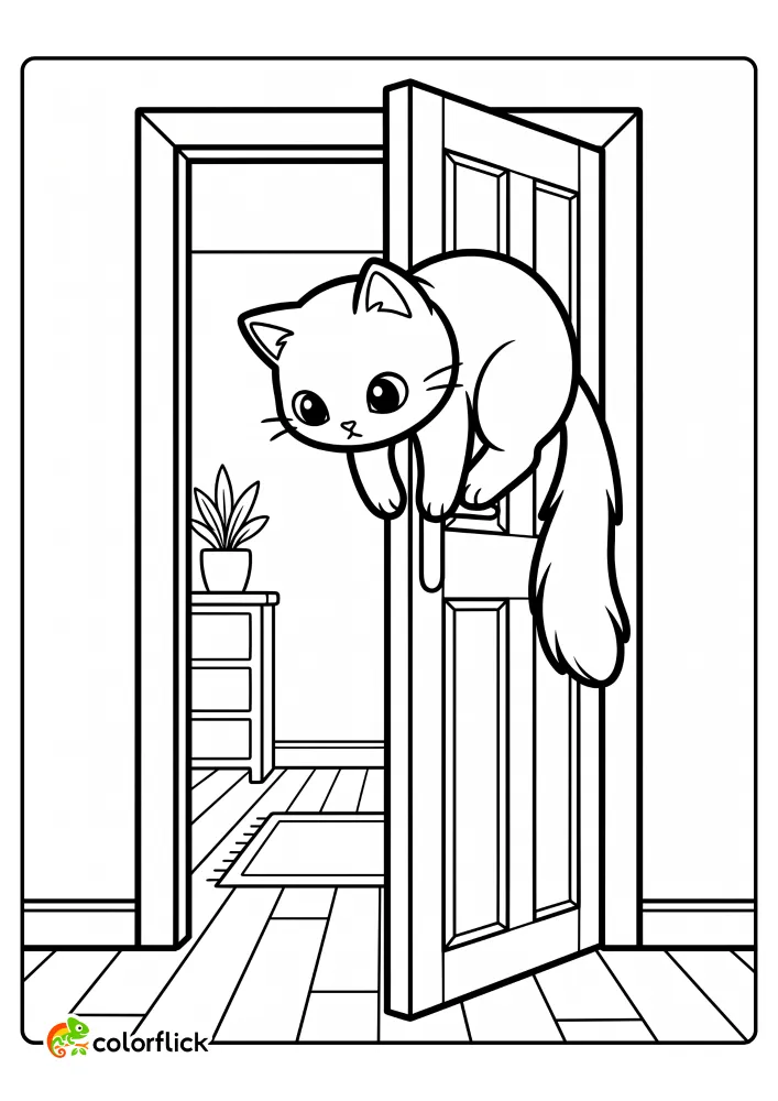 Free printable coloring sheet for kids featuring an agile cat balancing perfectly on the top edge of an open wooden interior door.