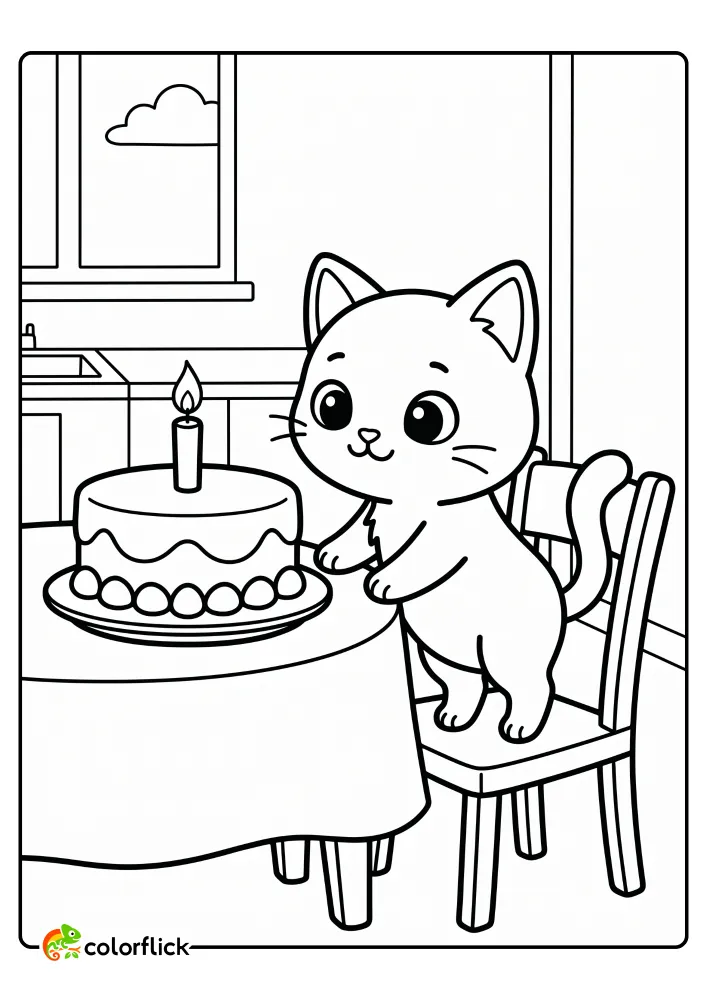 A printable coloring page for kids showing a curious cat standing on a chair to look at a birthday cake with a single candle.