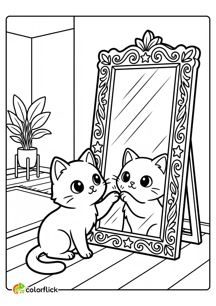 A happy wide-eyed cat sits on a rug and taps its reflection in a large ornate mirror on a free printable coloring sheet for kids.