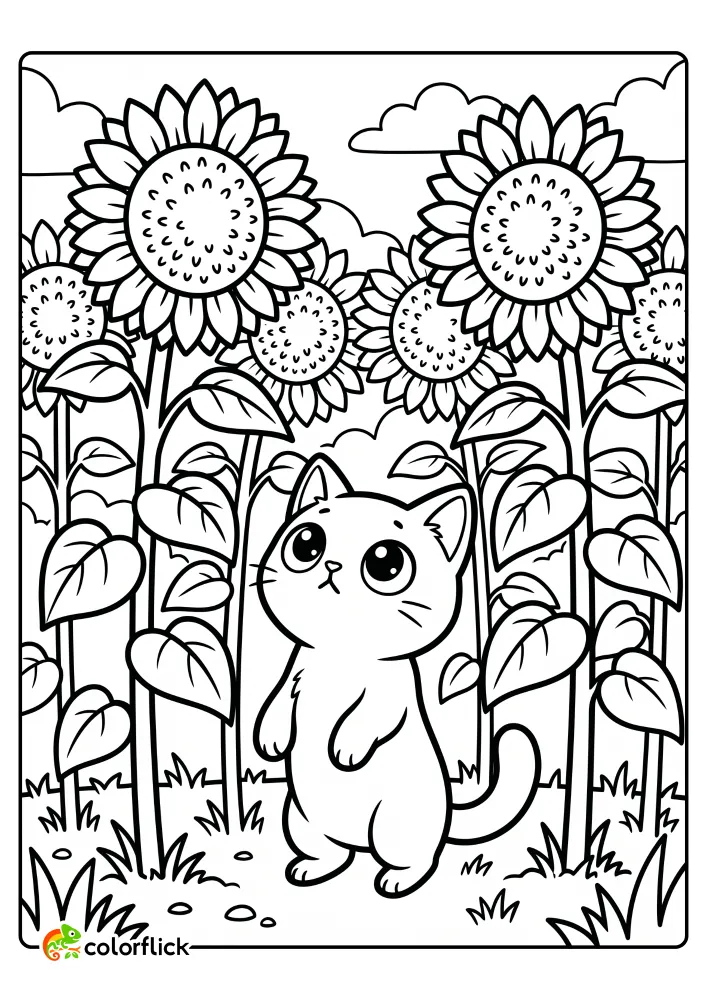 A printable coloring page for kids featuring a curious cat standing in a field of tall sunflowers and looking up at the large flower heads.