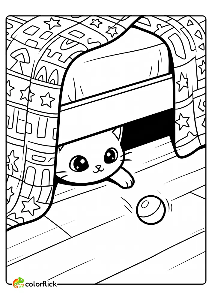 A cute chibi cat peeking out from underneath a bed and reaching a paw toward a ball, a printable coloring page for kids with a patterned bedspread.