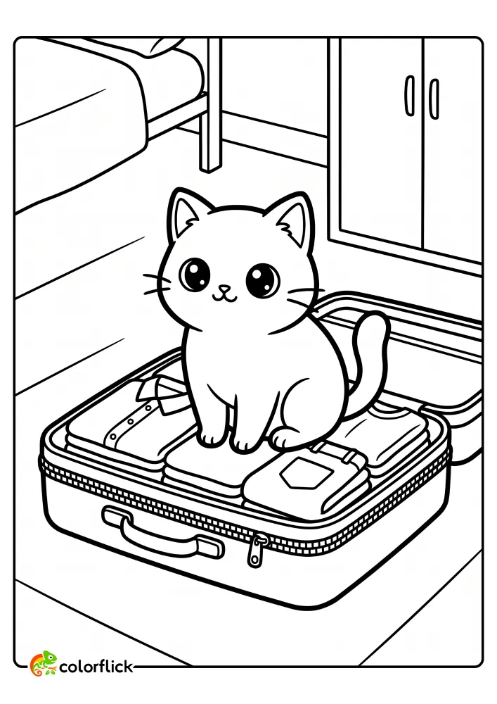 A printable coloring page for kids featuring a cute cat sitting inside an open suitcase packed with folded clothes.