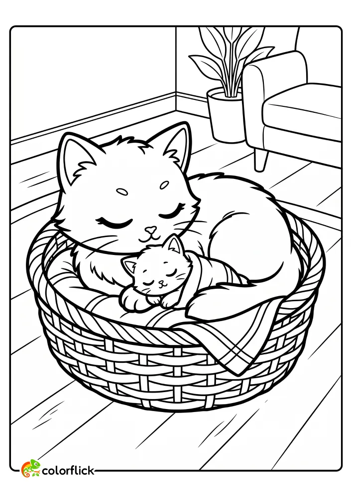 A cute adult cat curled up and sleeping with its kitten in a woven basket on a wooden floor, a free printable coloring sheet.