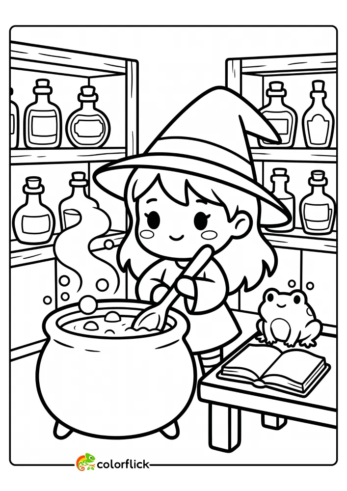 A cute witch wearing a pointy hat stirs a large bubbling cauldron in a kitchen filled with potion bottles and a frog nearby, printable coloring page for kids.